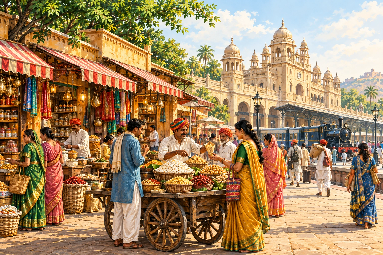 Traditional Indian market with snack vendors near Bharatpur Junction