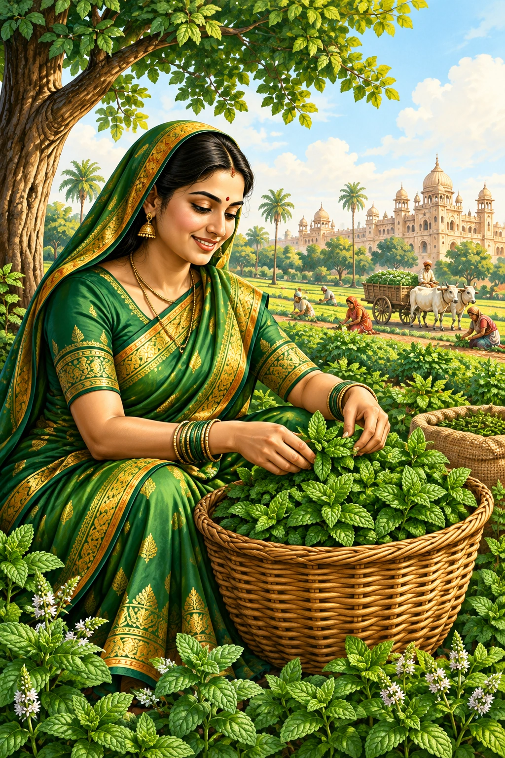 Woman in a green sari gathering fresh mint in an Indian garden